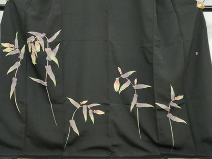 平和屋着物●訪問着　作家物　草花文　黒地　ロング丈　正絹　逸品　DABI9598ud