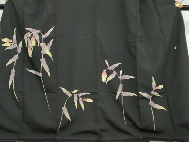 平和屋着物●訪問着　作家物　草花文　黒地　ロング丈　正絹　逸品　DABI9598ud