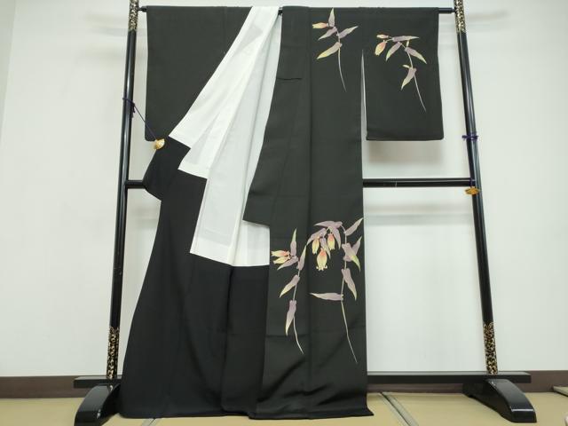 平和屋着物●訪問着　作家物　草花文　黒地　ロング丈　正絹　逸品　DABI9598ud