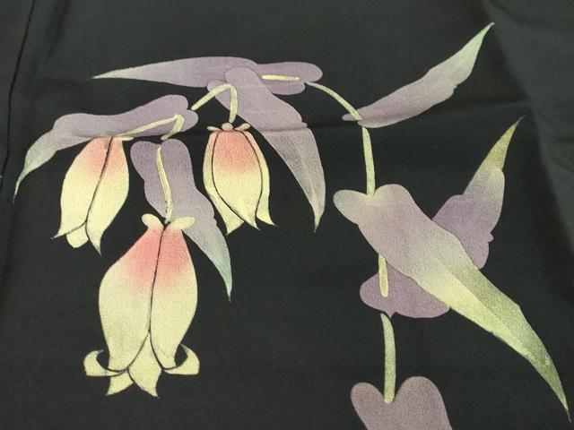 平和屋着物●訪問着　作家物　草花文　黒地　ロング丈　正絹　逸品　DABI9598ud