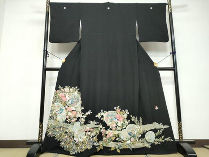 平和屋着物●豪華黒留袖　友禅　作家物　風景草花文　正絹　逸品　DABI9626ud