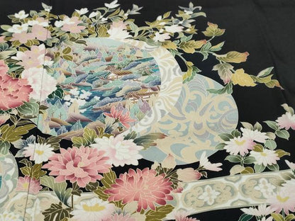 平和屋着物●豪華黒留袖　友禅　作家物　風景草花文　正絹　逸品　DABI9626ud