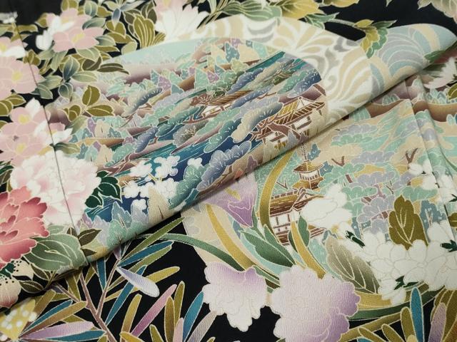 平和屋着物●豪華黒留袖　友禅　作家物　風景草花文　正絹　逸品　DABI9626ud