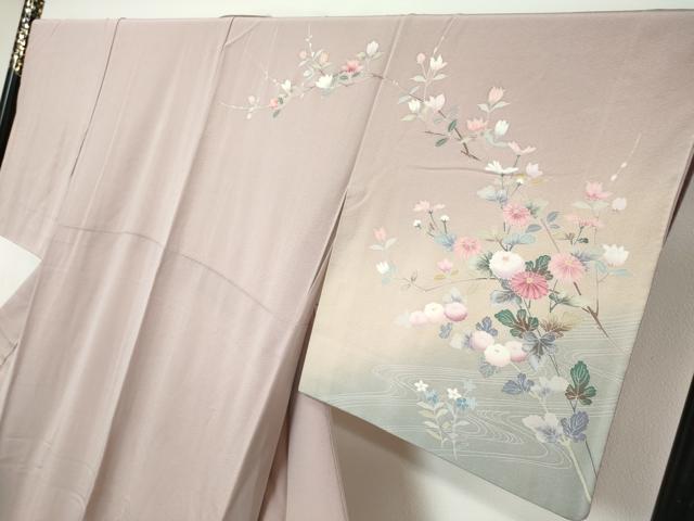 平和屋着物●訪問着　友禅　流水草花文　暈し染め　正絹　逸品　DABI9644ud