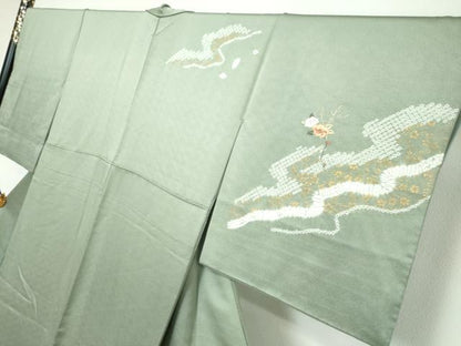 平和屋着物●訪問着　駒刺繍　絞り　道長草花文　金彩　正絹　逸品　DABI9649ud