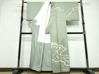 平和屋着物●訪問着　駒刺繍　絞り　道長草花文　金彩　正絹　逸品　DABI9649ud