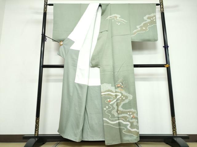 平和屋着物●訪問着　駒刺繍　絞り　道長草花文　金彩　正絹　逸品　DABI9649ud