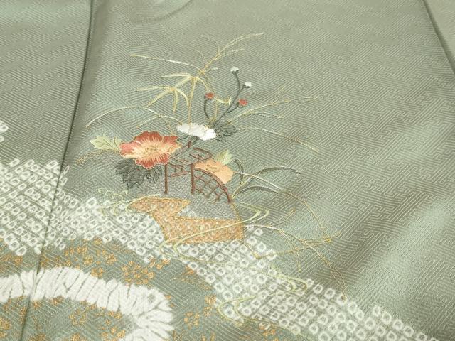 平和屋着物●訪問着　駒刺繍　絞り　道長草花文　金彩　正絹　逸品　DABI9649ud