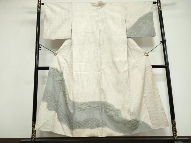 平和屋着物●中国三大刺繍　スワトウ刺繍　汕頭刺繍　総刺繍　本場縞大島紬　訪問着　杢目絞り　吉祥遠山文　正絹　逸品　DABI9668ud
