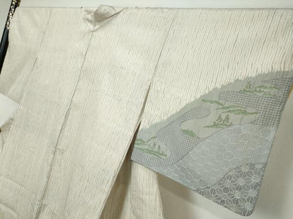 平和屋着物●中国三大刺繍　スワトウ刺繍　汕頭刺繍　総刺繍　本場縞大島紬　訪問着　杢目絞り　吉祥遠山文　正絹　逸品　DABI9668ud