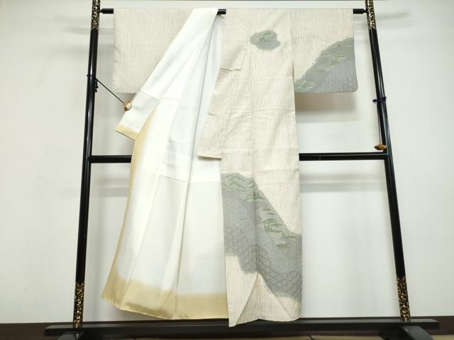 平和屋着物●中国三大刺繍　スワトウ刺繍　汕頭刺繍　総刺繍　本場縞大島紬　訪問着　杢目絞り　吉祥遠山文　正絹　逸品　DABI9668ud
