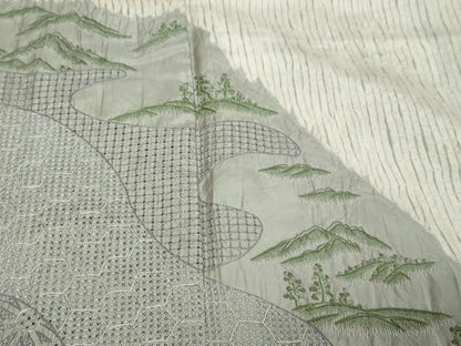 平和屋着物●中国三大刺繍　スワトウ刺繍　汕頭刺繍　総刺繍　本場縞大島紬　訪問着　杢目絞り　吉祥遠山文　正絹　逸品　DABI9668ud