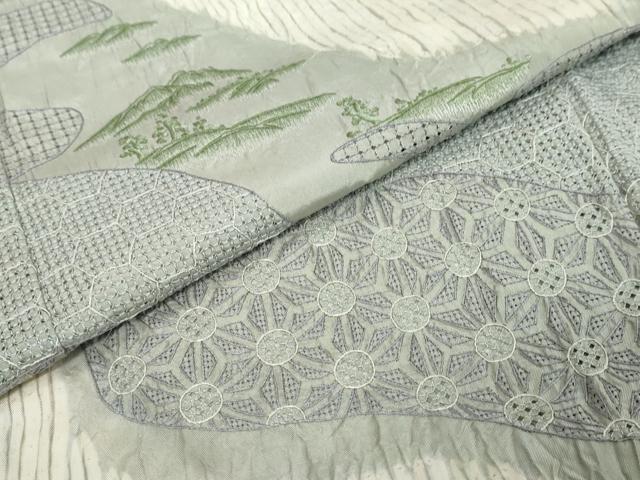 平和屋着物●中国三大刺繍　スワトウ刺繍　汕頭刺繍　総刺繍　本場縞大島紬　訪問着　杢目絞り　吉祥遠山文　正絹　逸品　DABI9668ud