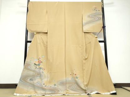 平和屋着物●おかべみつこ　訪問着　流水草花文　仮絵羽　正絹　逸品　未使用　DABI9681ud