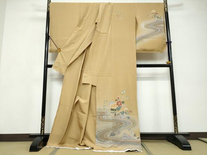 平和屋着物●おかべみつこ　訪問着　流水草花文　仮絵羽　正絹　逸品　未使用　DABI9681ud
