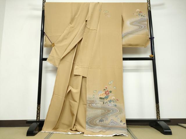 平和屋着物●おかべみつこ　訪問着　流水草花文　仮絵羽　正絹　逸品　未使用　DABI9681ud