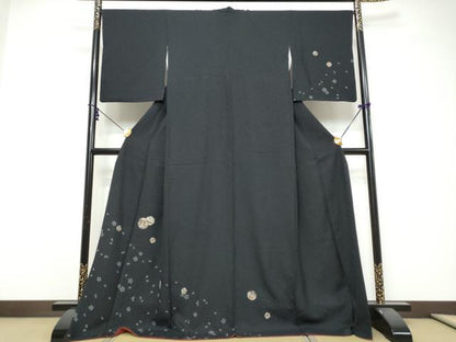 平和屋着物●訪問着　刺繍　手毬草花文　黒地　金糸　ロング丈　正絹　逸品　DABI9701ud