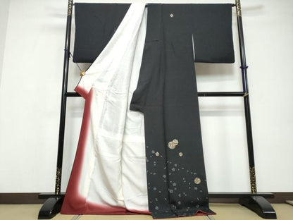 平和屋着物●訪問着　刺繍　手毬草花文　黒地　金糸　ロング丈　正絹　逸品　DABI9701ud