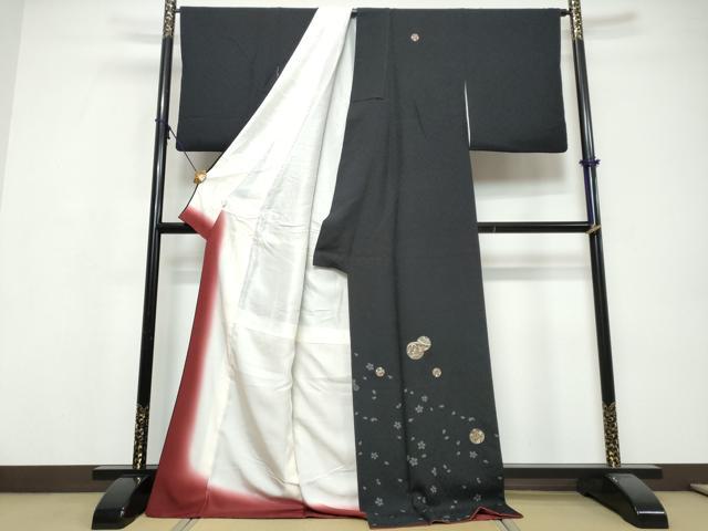 平和屋着物●訪問着　刺繍　手毬草花文　黒地　金糸　ロング丈　正絹　逸品　DABI9701ud