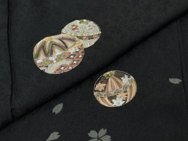 平和屋着物●訪問着　刺繍　手毬草花文　黒地　金糸　ロング丈　正絹　逸品　DABI9701ud