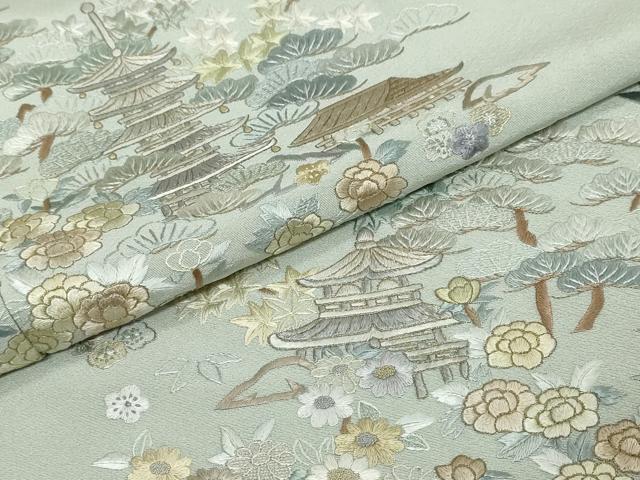 平和屋着物●中国三大刺繍　相良刺繍　総刺繍　訪問着　風景草花文　金糸　正絹　逸品　DABI9707ud