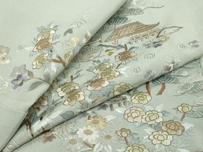 平和屋着物●中国三大刺繍　相良刺繍　総刺繍　訪問着　風景草花文　金糸　正絹　逸品　DABI9707ud
