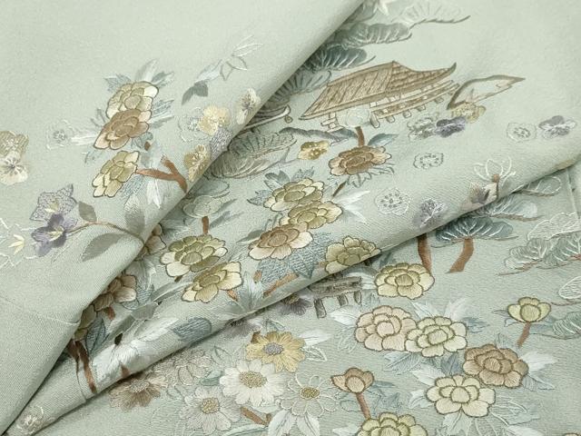 平和屋着物●中国三大刺繍　相良刺繍　総刺繍　訪問着　風景草花文　金糸　正絹　逸品　DABI9707ud
