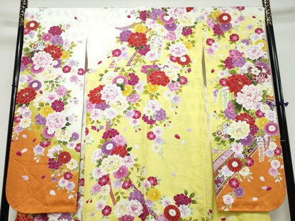 平和屋着物●豪華振袖　京友禅　熨斗草花文　暈し染め　金彩　京都きもの友禅扱い　反端付き　正絹　逸品　DABI9711ud