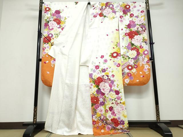平和屋着物●豪華振袖　京友禅　熨斗草花文　暈し染め　金彩　京都きもの友禅扱い　反端付き　正絹　逸品　DABI9711ud