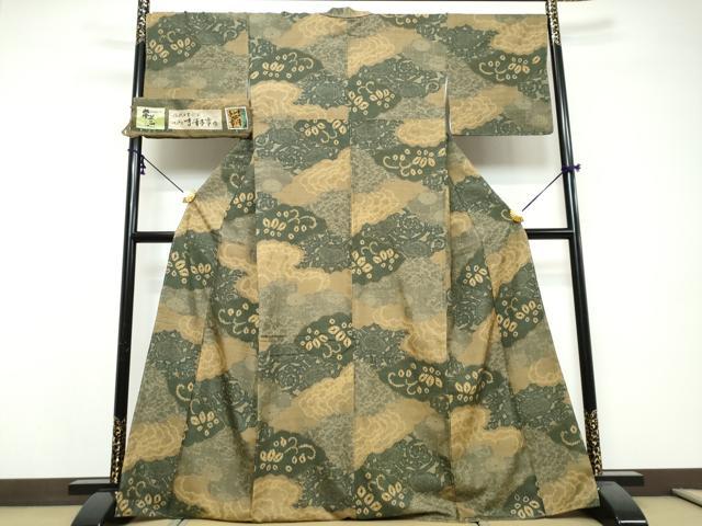 平和屋着物●伝統工芸士　七代目　吉澤与市　紬　雲取り草花文　証紙付き　正絹　逸品　DABI9716ud