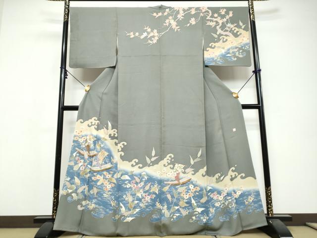 平和屋着物●訪問着　作家物　駒刺繍　小舟草花文　金彩　正絹　逸品　DABI9718ud
