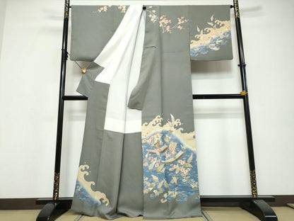 平和屋着物●訪問着　作家物　駒刺繍　小舟草花文　金彩　正絹　逸品　DABI9718ud