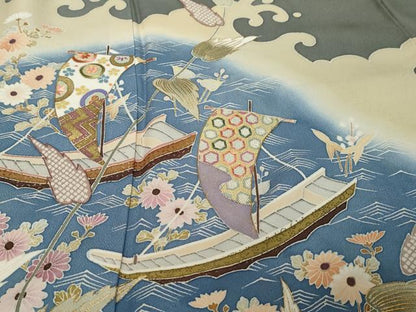 平和屋着物●訪問着　作家物　駒刺繍　小舟草花文　金彩　正絹　逸品　DABI9718ud