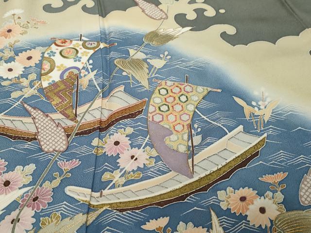 平和屋着物●訪問着　作家物　駒刺繍　小舟草花文　金彩　正絹　逸品　DABI9718ud