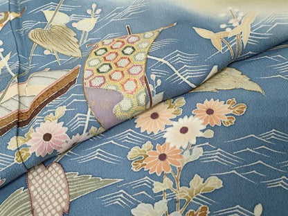 平和屋着物●訪問着　作家物　駒刺繍　小舟草花文　金彩　正絹　逸品　DABI9718ud