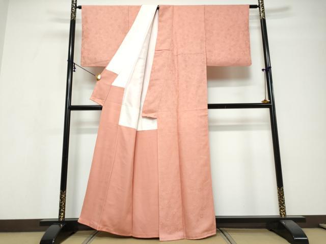 平和屋着物●上質な色無地　花尽くし地紋　水柿色　正絹　逸品　DABI9774ud