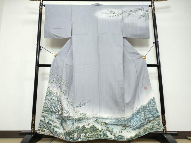 平和屋着物●伝統工芸士　京友禅染色作家　田家鬼彩　訪問着　流水風景草花文　暈し染め　正絹　逸品　DABI9791ud