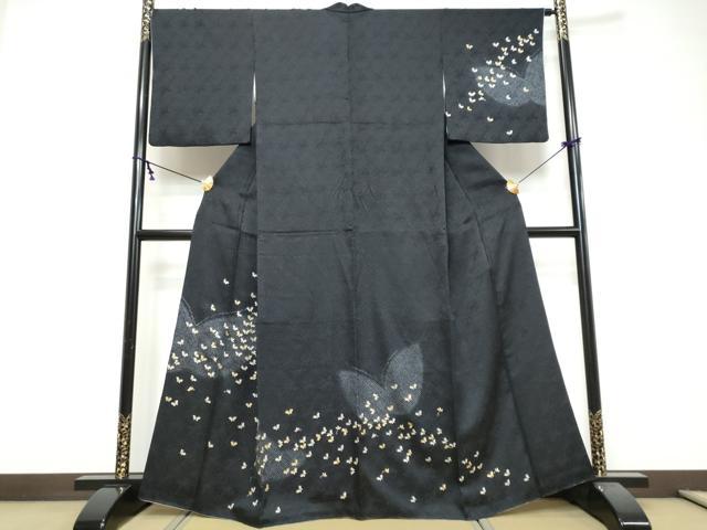 平和屋着物●訪問着　総絞り　舞蝶文　黒地　金彩　正絹　逸品　DABI9795ud