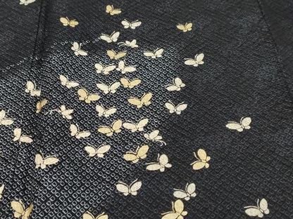 平和屋着物●訪問着　総絞り　舞蝶文　黒地　金彩　正絹　逸品　DABI9795ud