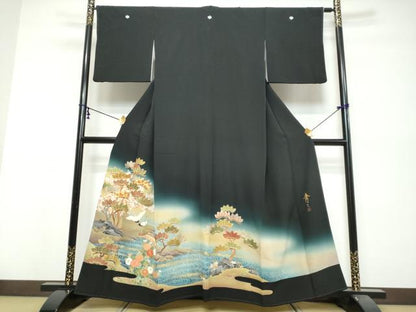 平和屋着物●京友禅の第一人者　松井青々　黒留袖　駒刺繍　双鶴流水草花文　暈し染め　金彩　正絹　逸品　DABI9823ud