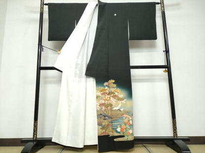 平和屋着物●京友禅の第一人者　松井青々　黒留袖　駒刺繍　双鶴流水草花文　暈し染め　金彩　正絹　逸品　DABI9823ud