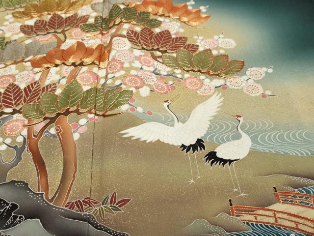 平和屋着物●京友禅の第一人者　松井青々　黒留袖　駒刺繍　双鶴流水草花文　暈し染め　金彩　正絹　逸品　DABI9823ud