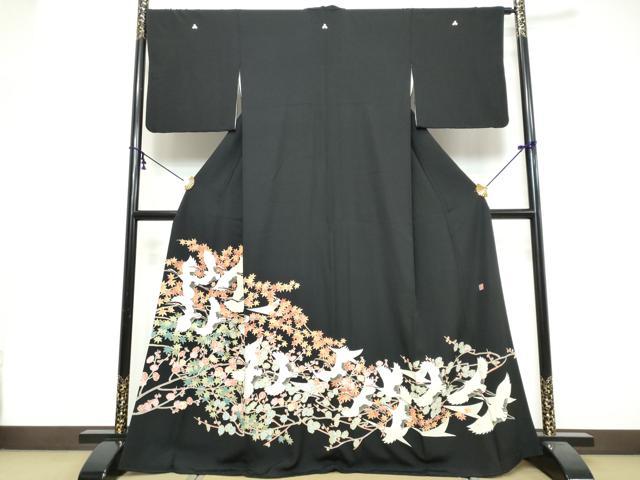 平和屋着物●本加賀友禅作家　鶴見保次　黒留袖　飛鶴草花文　正絹　逸品　DABI9832ud