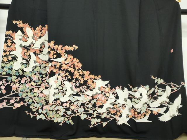 平和屋着物●本加賀友禅作家　鶴見保次　黒留袖　飛鶴草花文　正絹　逸品　DABI9832ud