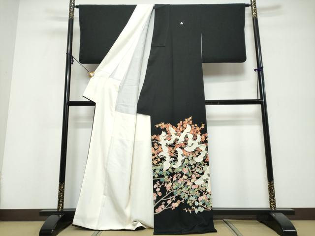 平和屋着物●本加賀友禅作家　鶴見保次　黒留袖　飛鶴草花文　正絹　逸品　DABI9832ud