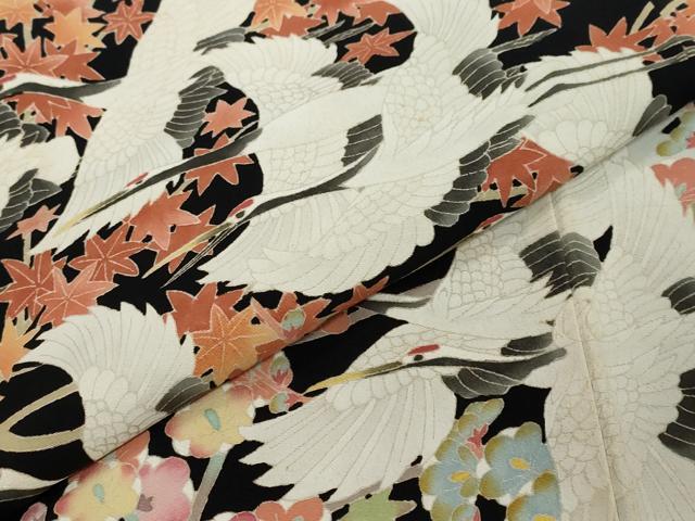 平和屋着物●本加賀友禅作家　鶴見保次　黒留袖　飛鶴草花文　正絹　逸品　DABI9832ud