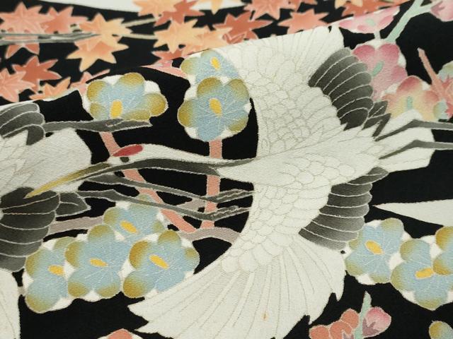 平和屋着物●本加賀友禅作家　鶴見保次　黒留袖　飛鶴草花文　正絹　逸品　DABI9832ud