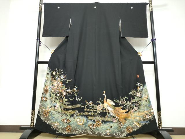 平和屋着物●豪華黒留袖　作家物　駒刺繍　花鳥文　暈し染め　金彩　正絹　逸品　DABI9836ud