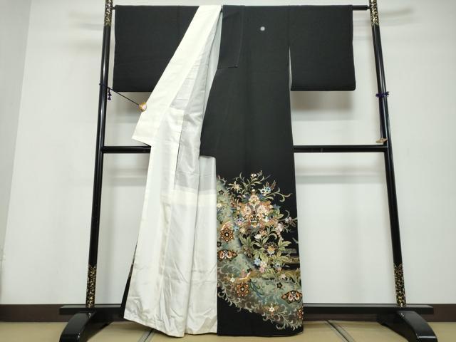 平和屋着物●豪華黒留袖　作家物　駒刺繍　花鳥文　暈し染め　金彩　正絹　逸品　DABI9836ud