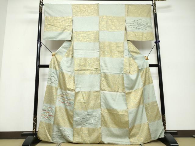 平和屋着物●人間国宝　福田喜三郎　訪問着　刺繍　格子雪芝文　金彩　正絹　逸品　DABI9849ud